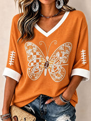 Women's Tennessee Football Casual Printed Mid-length Sleeves V-Neck T-Shirt