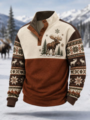 Men's Winter Moose Print Casual Buttons Pullover