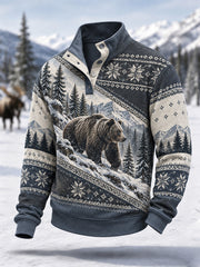 Men's Winter Snow Bear Print Casual Buttons Pullover