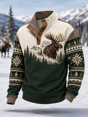 Men's Winter Moose Print Casual Buttons Pullover
