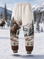 Men's Winter Moose Print Casual Waffle Pants