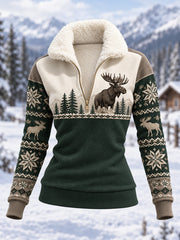 Women's Winter Moose Print Casual Composite Fleece Hoodie