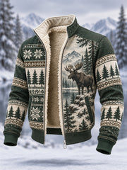 Men's Winter Moose Print Casual Composite Fleece Jacket