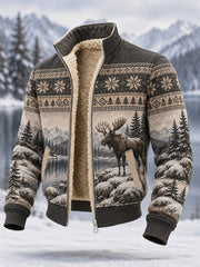 Men's Winter Moose Print Casual Composite Fleece Jacket