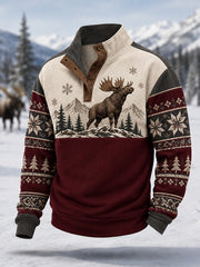 Men's Winter Moose Print Casual Buttons Pullover