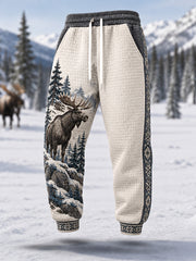 Men's Winter Moose Print Casual Waffle Pants