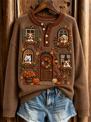Women‘s Fall House & Peeking Dogs Inspired Print Cozy Henley Sweater