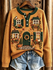 Women's Vintage Fall House Inspired Print Cozy Henley Sweater