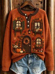 Women's Vintage Fall House Inspired Print Cozy Henley Sweater