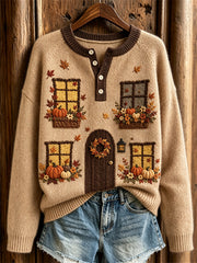 Women's Vintage Fall House Inspired Print Cozy Henley Sweater