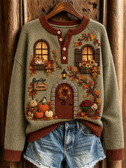Women's Vintage Fall House Inspired Print Cozy Henley Sweater