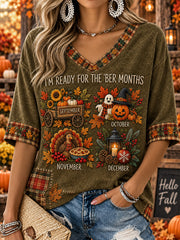 Women's Autumn And Winter Theme Pattern Design Casual Mid-length Sleeves V-Neck T-Shirt