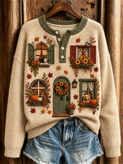 Women's Vintage Fall House Inspired Print Cozy Henley Sweater