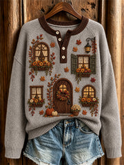 Women's Vintage Fall House Inspired Print Cozy Henley Sweater