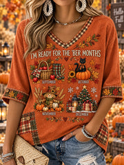 Women's Autumn And Winter Theme Pattern Design Casual Mid-length Sleeves V-Neck T-Shirt