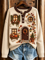 Women's Vintage Fall House Inspired Print Cozy Henley Sweater