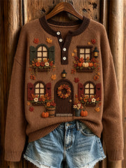 Women's Vintage Fall House Inspired Print Cozy Henley Sweater