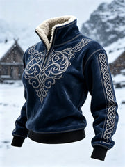 Women's Vintage Viking Classy Celtic Knot Print Cozy Fur Collar Top