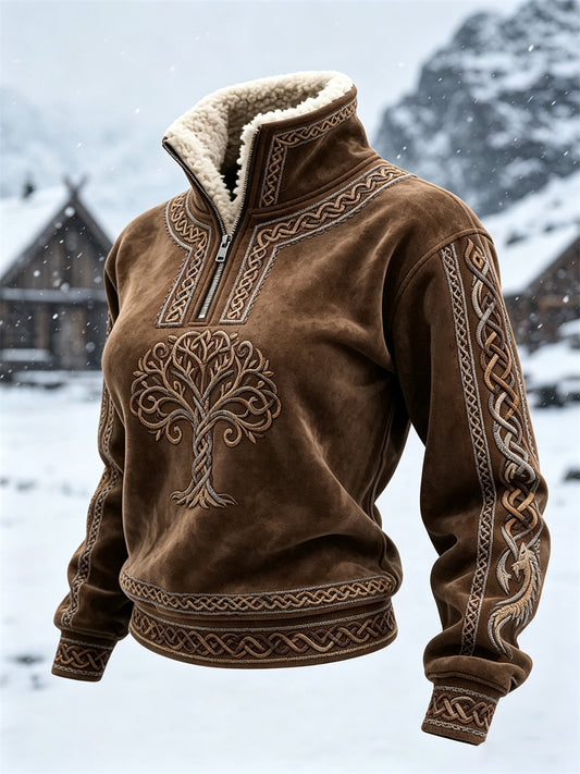 Women's Vintage Viking Tree of Life Celtic Knot Print Cozy Fur Collar Top
