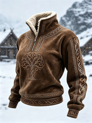Women's Vintage Viking Tree of Life Celtic Knot Print Cozy Fur Collar Top