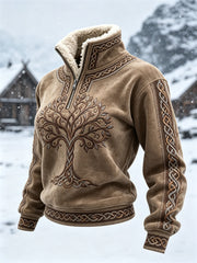 Women's Vintage Viking Tree of Life Celtic Knot Print Cozy Fur Collar Top