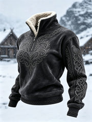 Women's Vintage Viking Raven Classy Celtic Knot Print Cozy Fur Collar Top