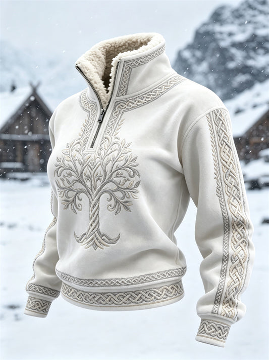 Women's Vintage Viking Tree of Life Celtic Knot Print Cozy Fur Collar Top