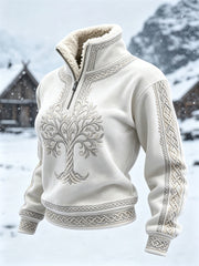 Women's Vintage Viking Tree of Life Celtic Knot Print Cozy Fur Collar Top