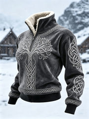 Women's Vintage Viking Tree of Life Celtic Knot Print Cozy Fur Collar Top