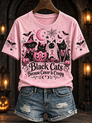 Women's Halloween Costume Cat Pattern and Pink Charity Ribbon Design Casual Short-Sleeve T-Shirt