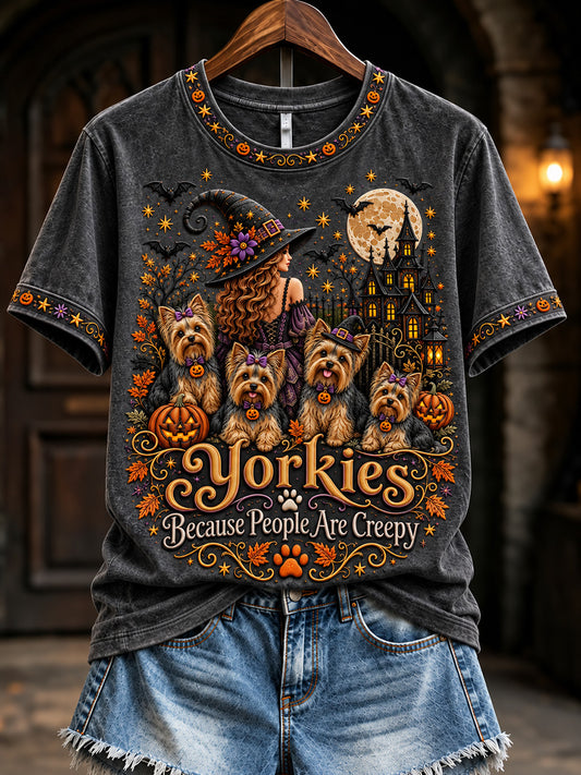Women's Yorkies Because People Are Creepy Halloween Print Short-sleeved T-shirt