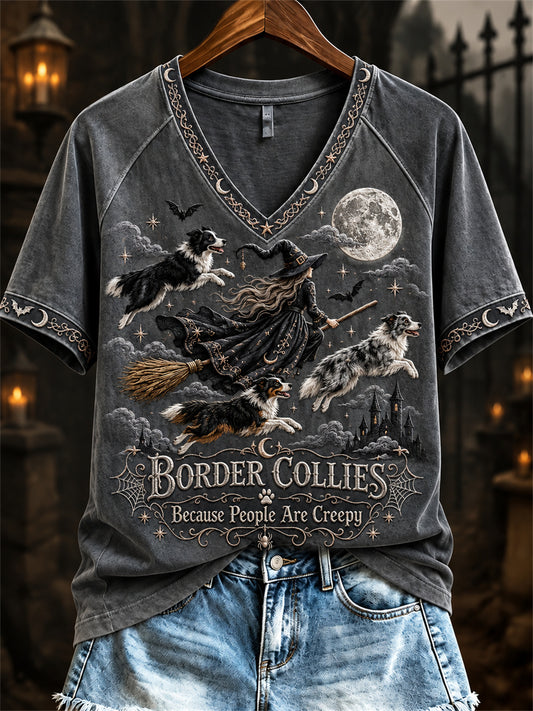 Women's Border Collies Because People Are Creepy Halloween Witch & Dogs Print short-sleeved T-shirt