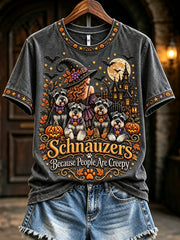 Women's Schnauzers Because People Are Creepy Halloween Print Short-sleeved T-shirt