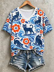 Women's Blue Wave & Cat V-Neck T-Shirts