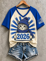Women's Blue Cat 2026 V-Neck T-Shirts