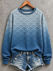 Women's Vintage Blue Ocean Waves Print Cozy Sweatshirt