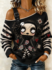Women's Halloween Creepy Dolls Print  Casual Off-Shoulder Sweatshirt