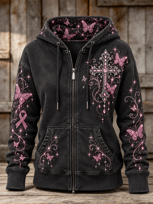 Women's Vintage Pink Ribbon Gothic Cross & Butterflies Glitter Print Full Zip Hoodie