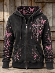 Women's Vintage Pink Ribbon Gothic Cross & Butterflies Glitter Print Full Zip Hoodie
