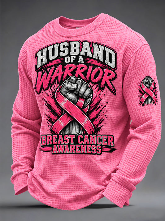 Men's Husband of a Warrior Cancer  Print Waffle Long Sleeve Top