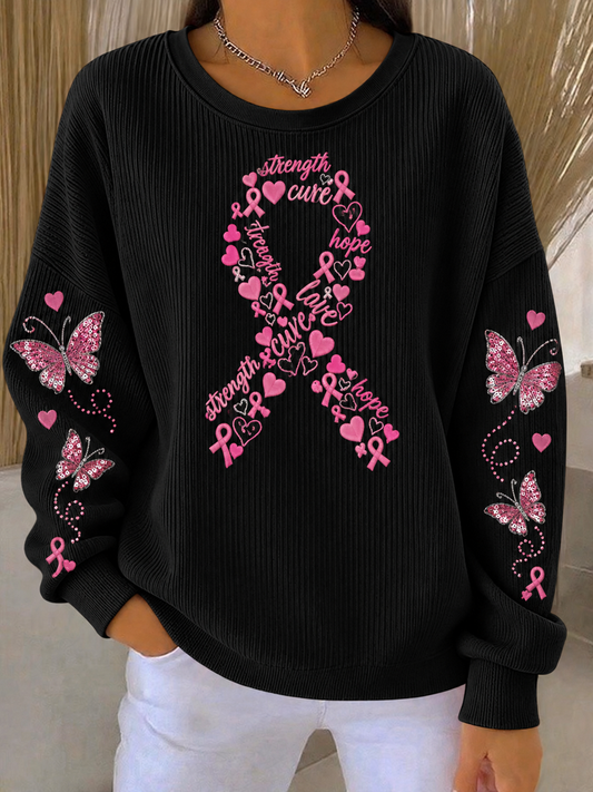 Women's Pink Breast Cancer Awareness Printed Ribbed Round-Neck Sweatshirt