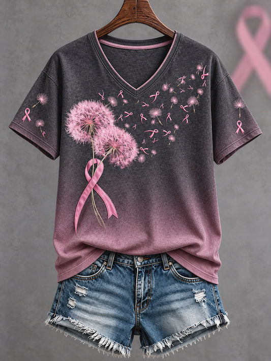 Women's Breast Cancer Awareness Floral Art Printed T-shirt