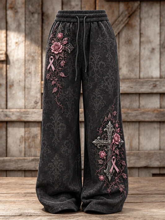 Women's Vintage Gothic Cross & Pink Ribbon Roses Floral Print Wide Leg Sweatpants