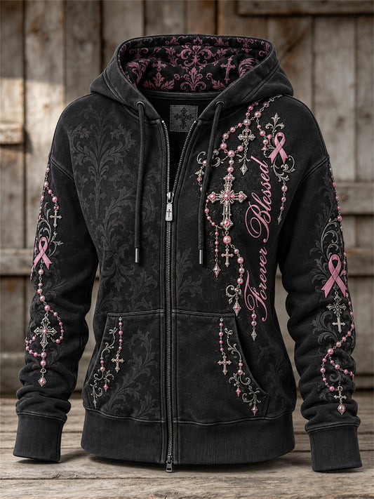 Women's Forever Blessed Cross Beaded Pendant & Pink Ribbon Gothic Print Full Zip Hoodie
