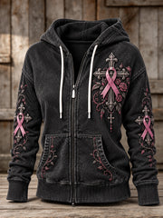 Women's Vintage Floral Pink Ribbon Gothic Cross Print Full Zip Hoodie