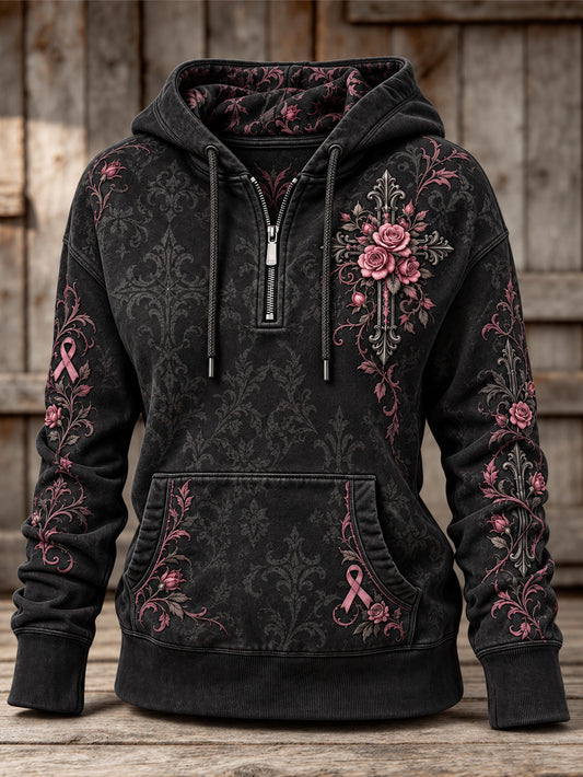 Women's Pink Rose and Pink Charity Ribbon Pattern Design Casual Half-zip Hoodie