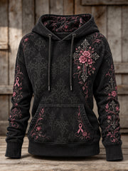 Women's Pink Rose and Pink Charity Ribbon Pattern Design Casual Hoodie