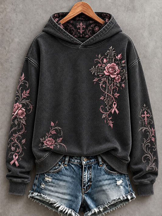 Women's Vintage Floral Pink Ribbon Gothic Cross Print Hoodie