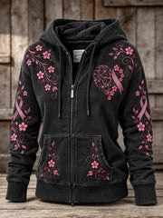Women's Pink Flowers and Pink Charity Ribbon Pattern Design Casual Zip-Up Hoodie
