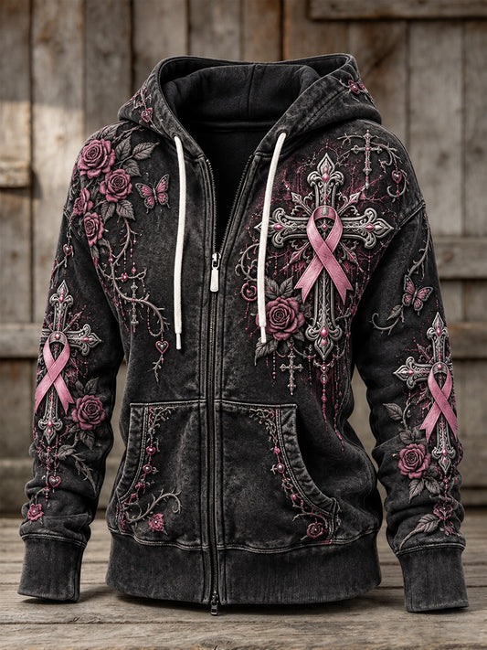 Women's Vintage Floral Pink Ribbon Gothic Cross Print Full Zip Hoodie